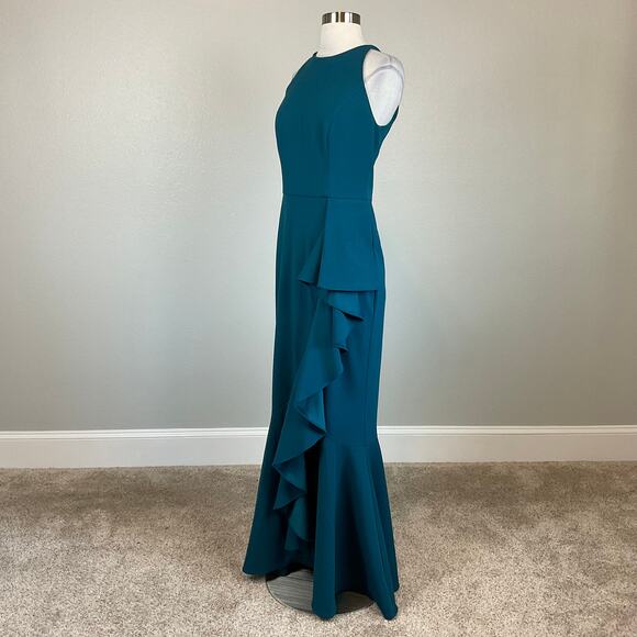 Betsy & Adam Ruffled Halter Long Mermaid Evening Gown Colorful Blue Size 6 Dress - Picture 2 of 13